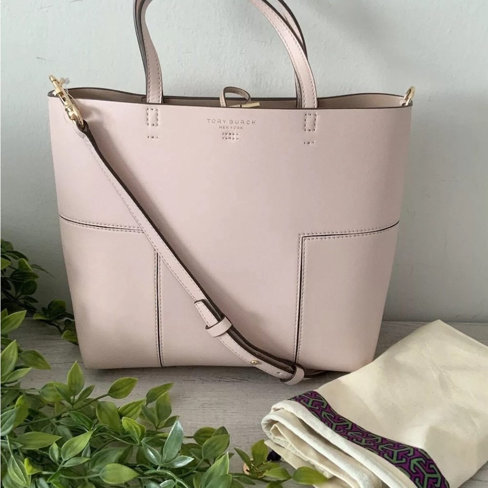 TORY BURCH SHELL PINK BLOCK T TOTE  CROSSBODY BAG EXC CONDITION